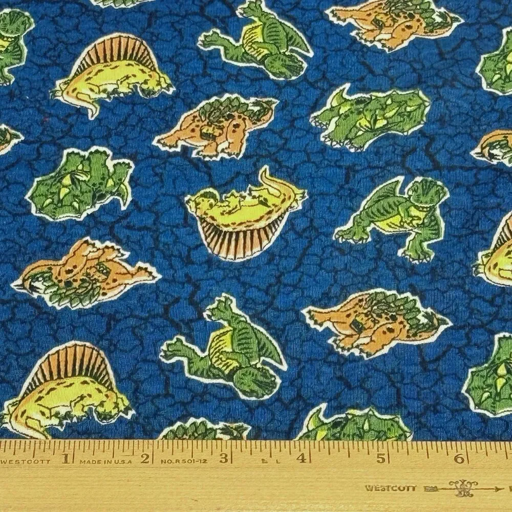 Vtg Cotton Knit Novelty Fabric Dinosaurs Dino Crackle Jurassic Blue 1yd 17 x 44